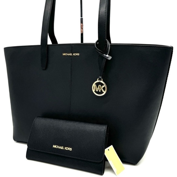 Michael Kors Medium Jet Set Travel Zip Tote Bag & Trifold Wallet Black/Gold - Picture 1 of 13